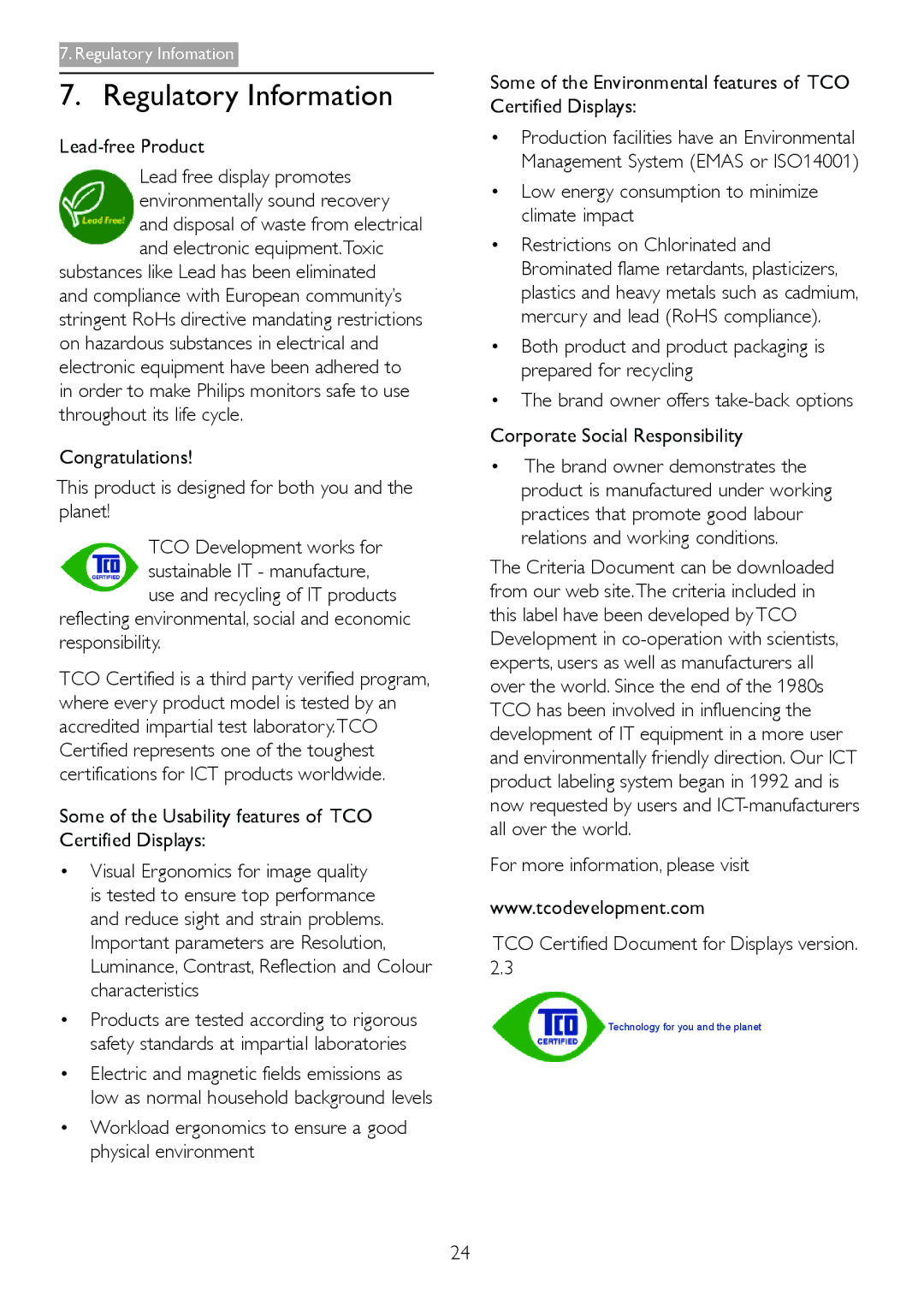 Philips 247E3L warranty Regulatory Information, Lead-free Product, Low energy consumption to minimize climate impact 