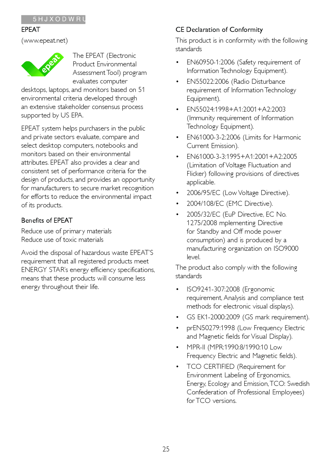 Philips 247E3L warranty Epeat Electronic Product Environmental, EN61000-3-22006 Limits for Harmonic Current Emission 