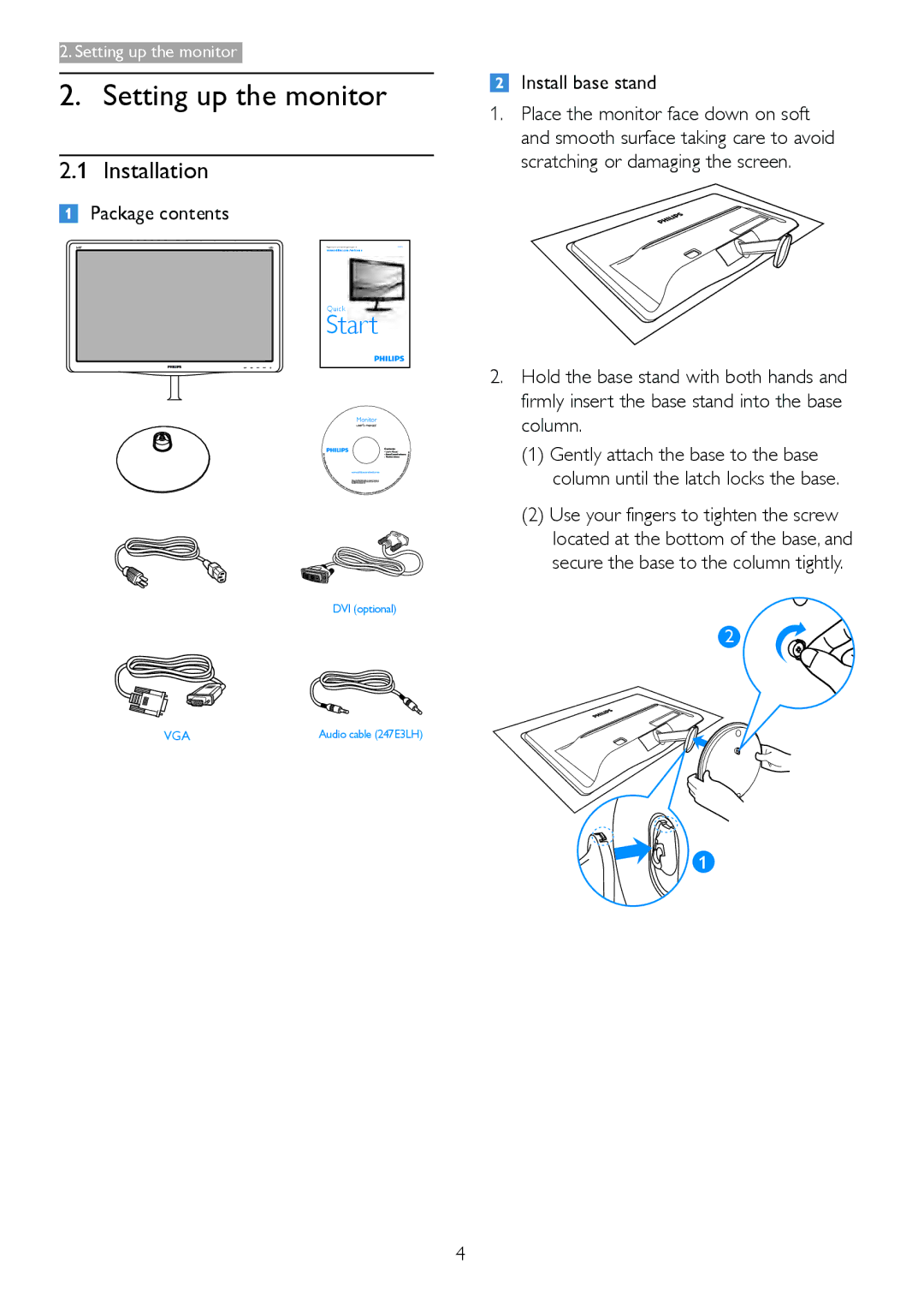 Philips 247E3L warranty Setting up the monitor, Installation, Package contents, Install base stand 