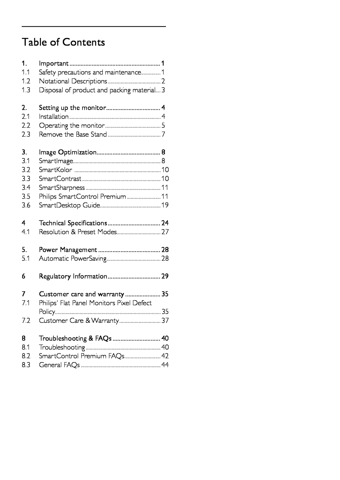 Philips 248C3L user manual Table of Contents 