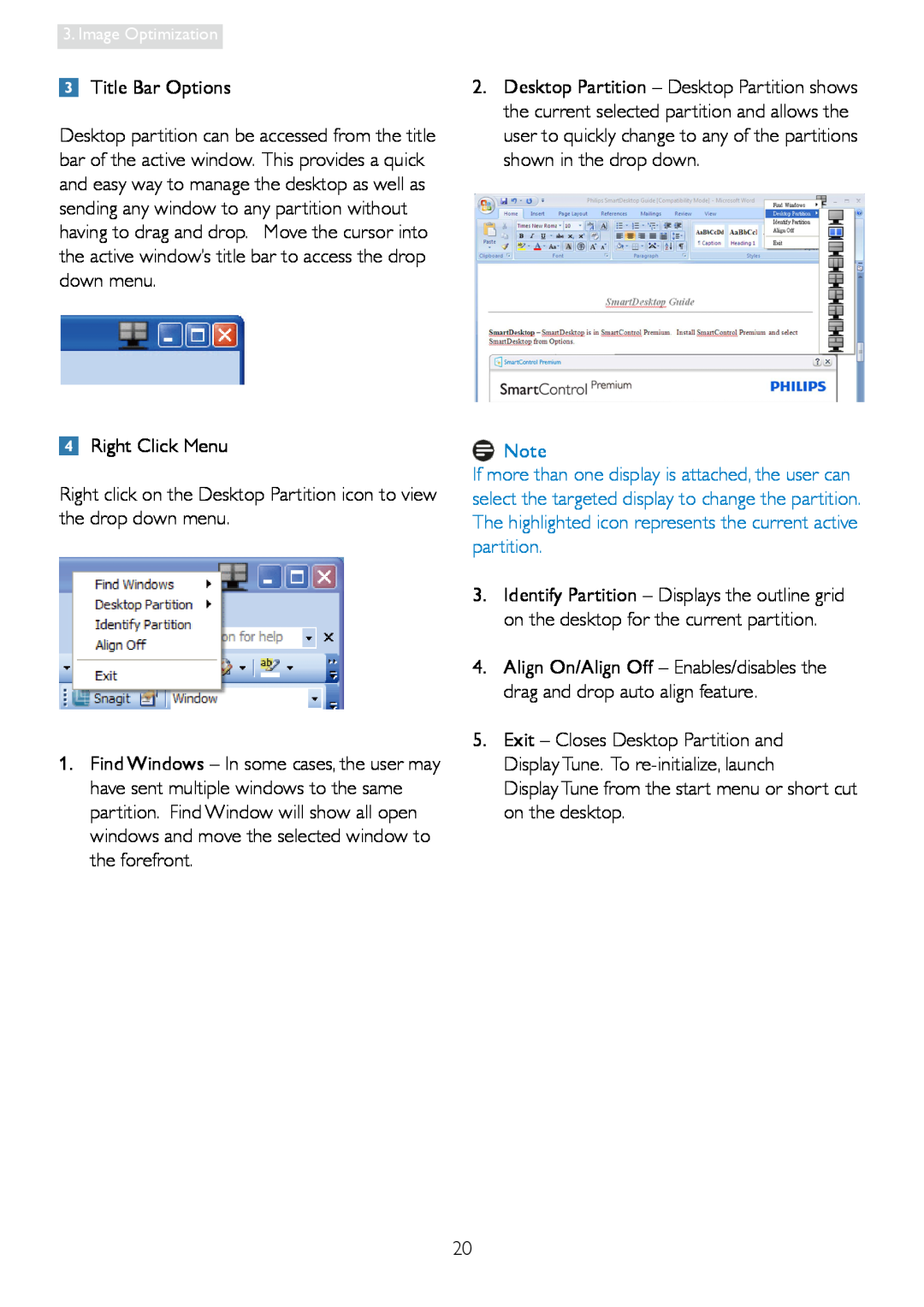 Philips 248C3L user manual Title Bar Options, Right Click Menu, Image Optimization 