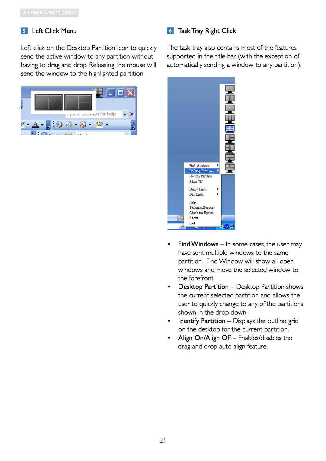 Philips 248C3L user manual Left Click Menu, Image Optimization 
