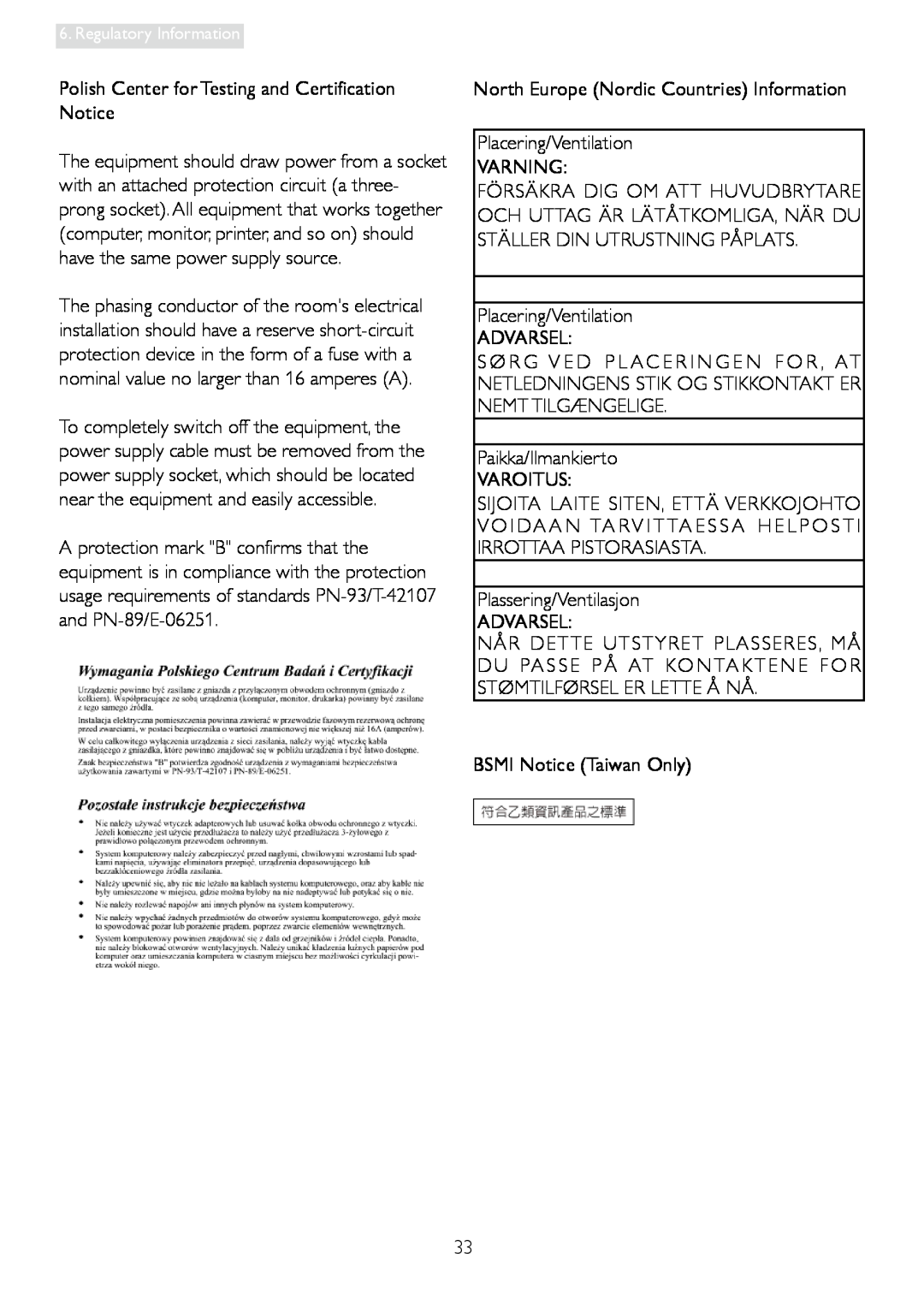 Philips 248C3L user manual Polish Center for Testing and Certification Notice 