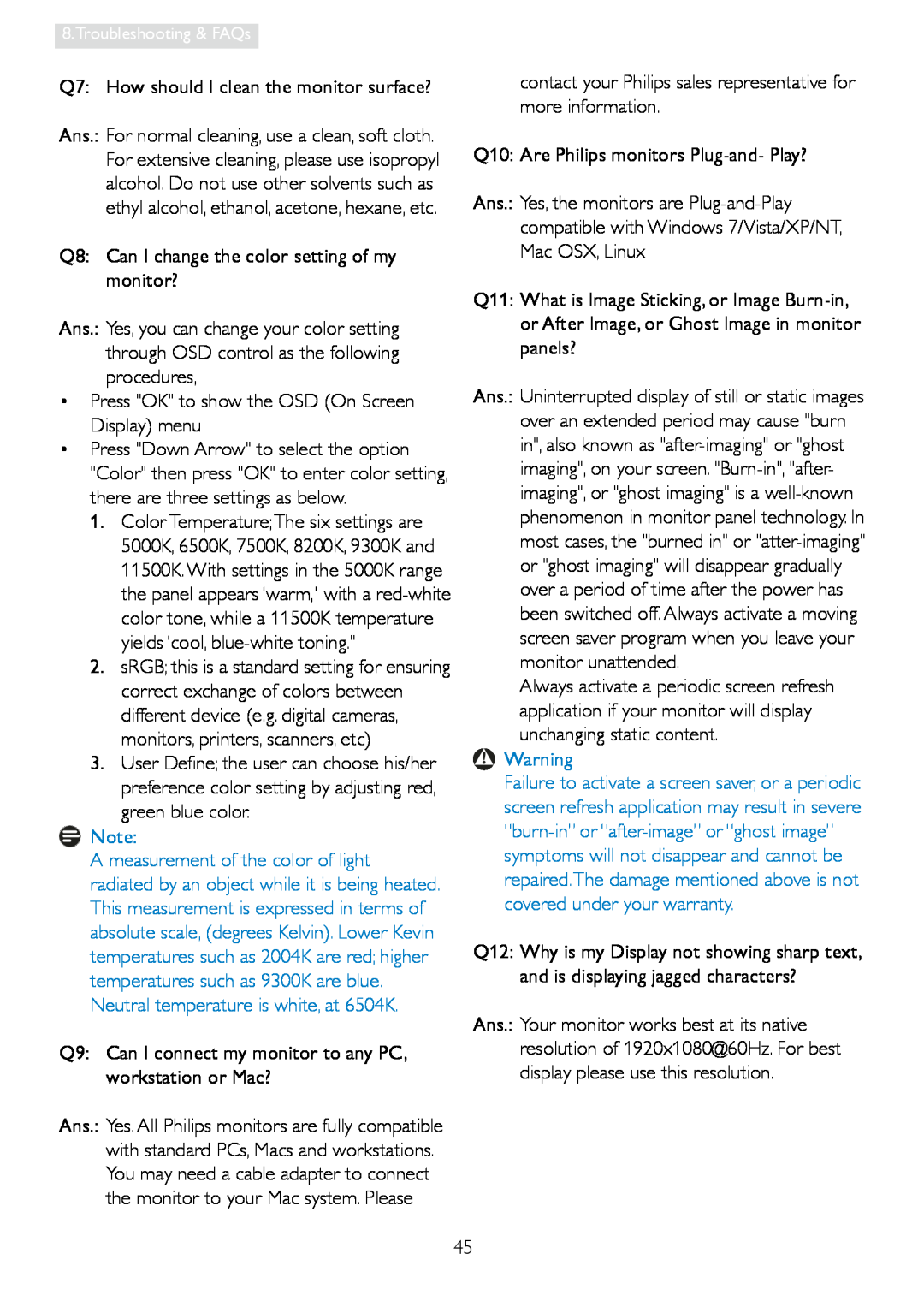 Philips 248C3L user manual Q7: How should I clean the monitor surface? 