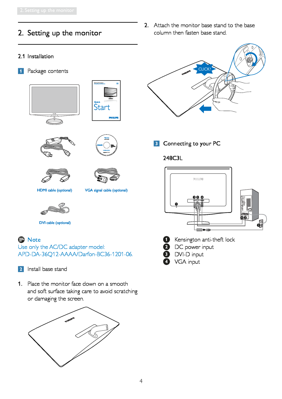 Philips 248C3L user manual Setting up the monitor, Start 
