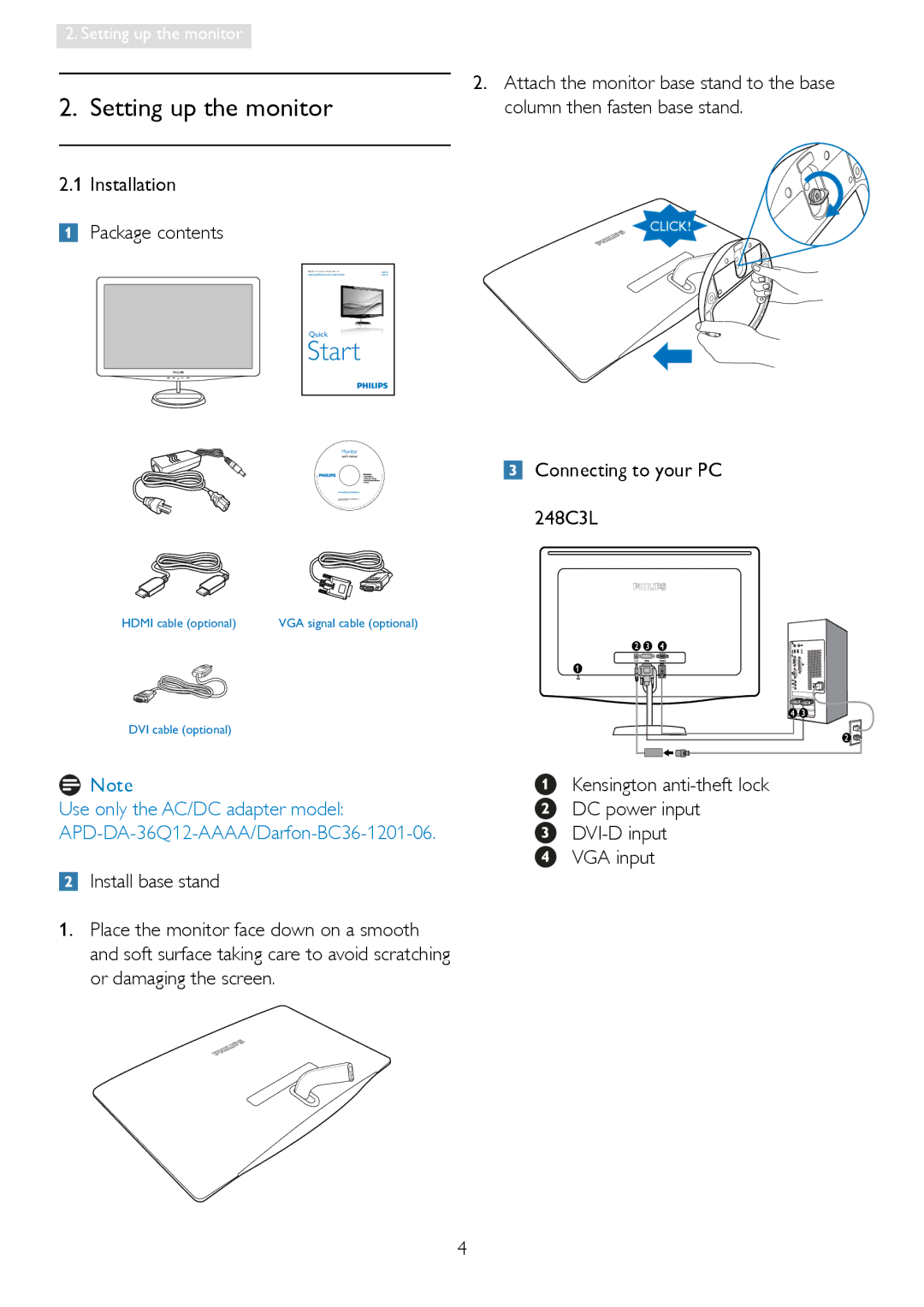 Philips user manual Installation Package contents, Connecting to your PC 248C3L, Install base stand 