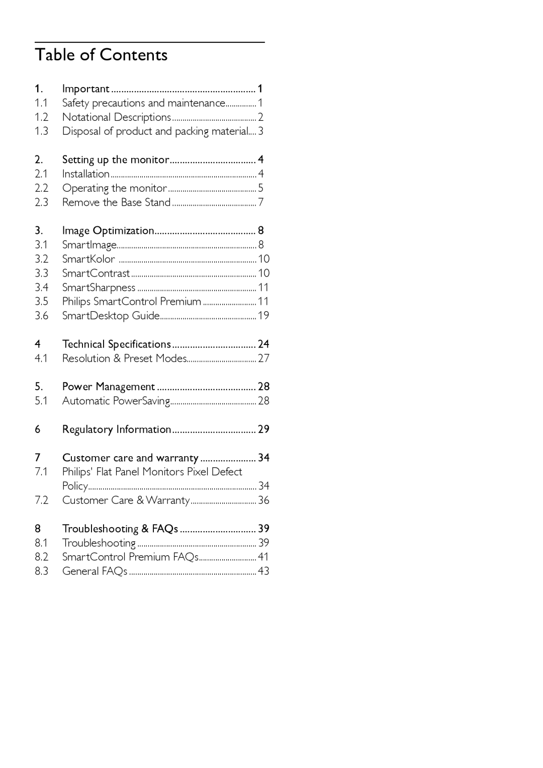 Philips 248X3LF user manual Table of Contents 