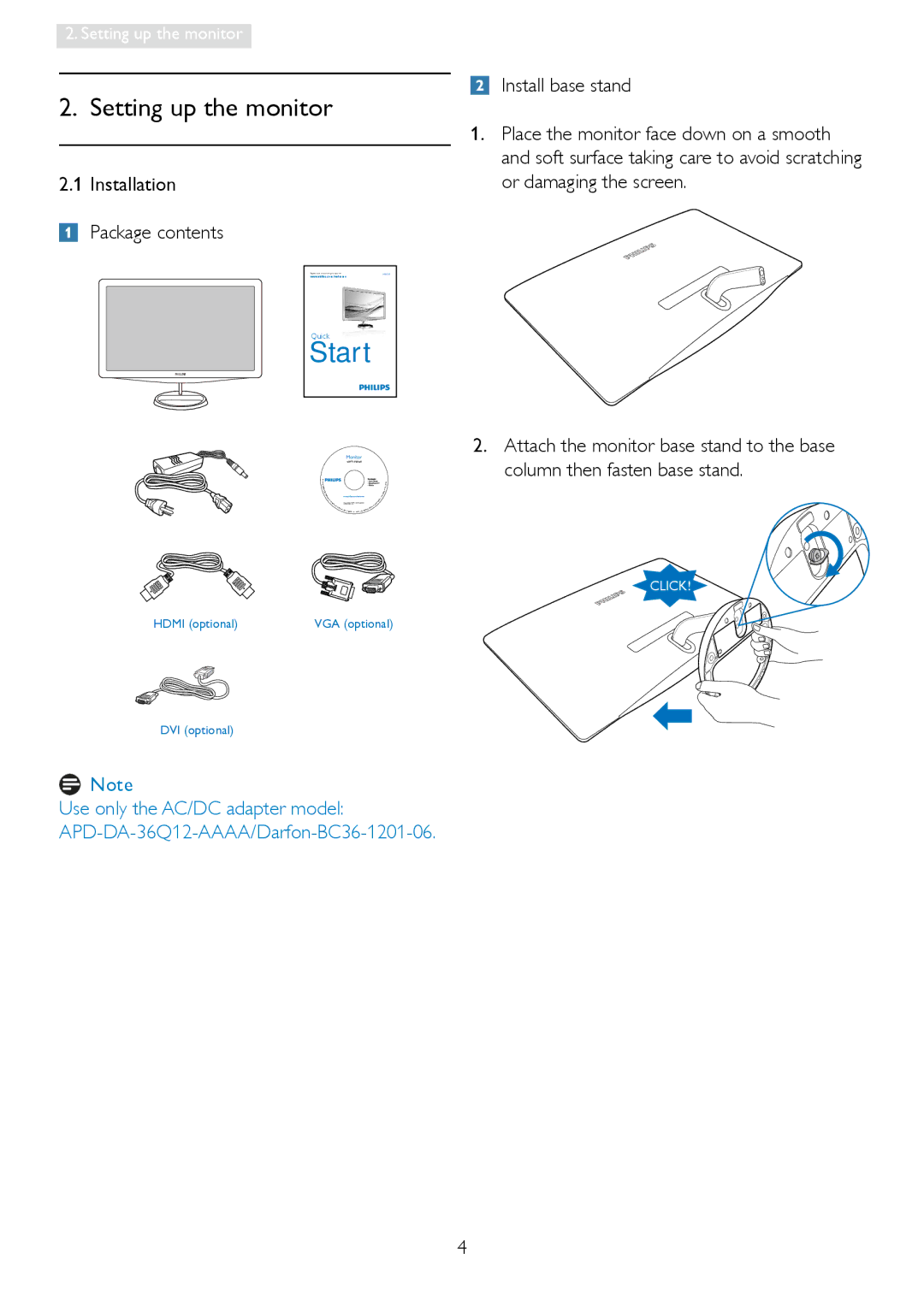 Philips 248X3LF user manual Setting up the monitor, Installation Package contents, Install base stand 