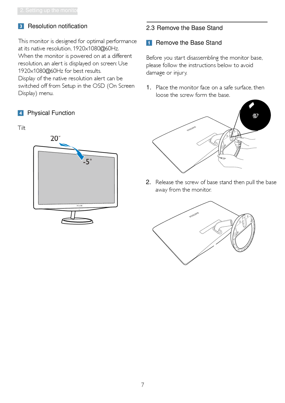 Philips 248X3LF user manual 20˚, Resolution notification 