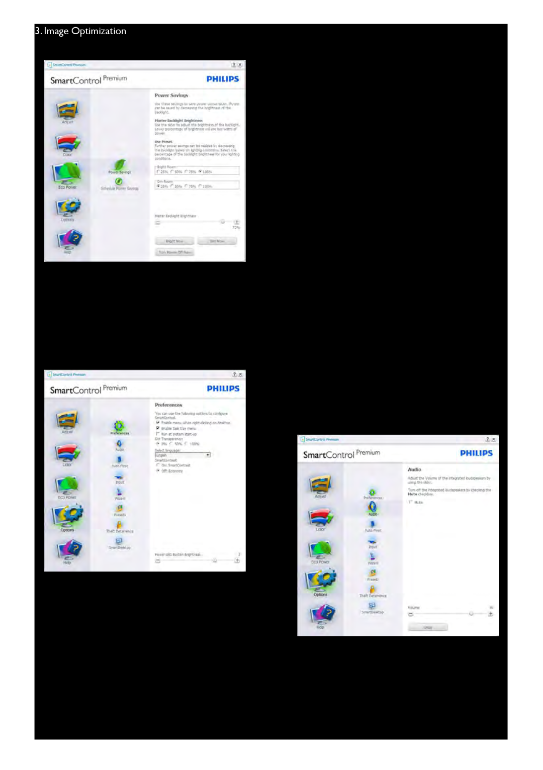 Philips 249C4Q user manual Eco Power menu Options menu, •Displays current preference settings, Image Optimization 