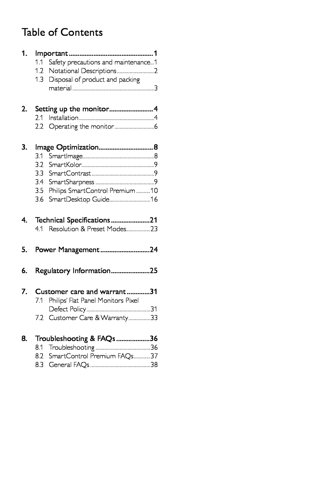 Philips 249C4Q user manual Table of Contents 