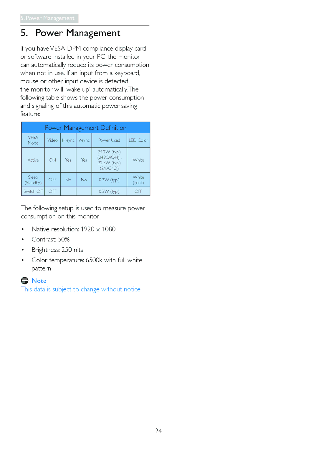 Philips 249C4Q user manual Power Management, Vesa 