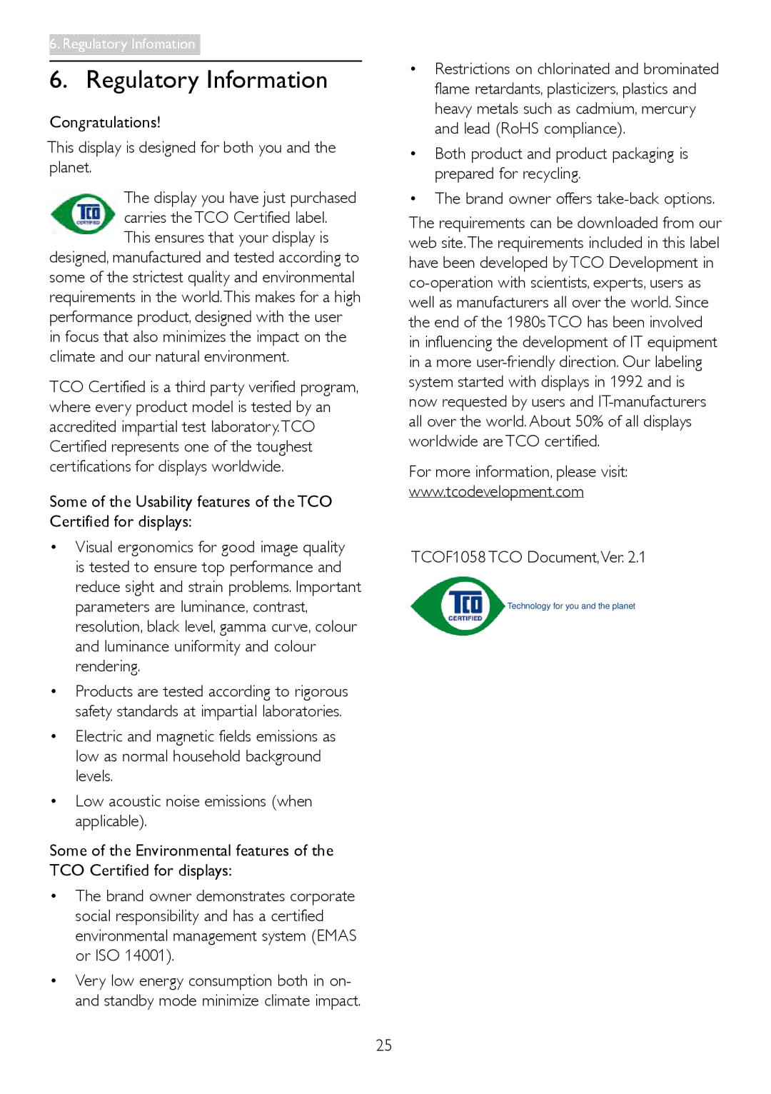 Philips 249C4Q user manual Regulatory Information, Brand owner offers take-back options 