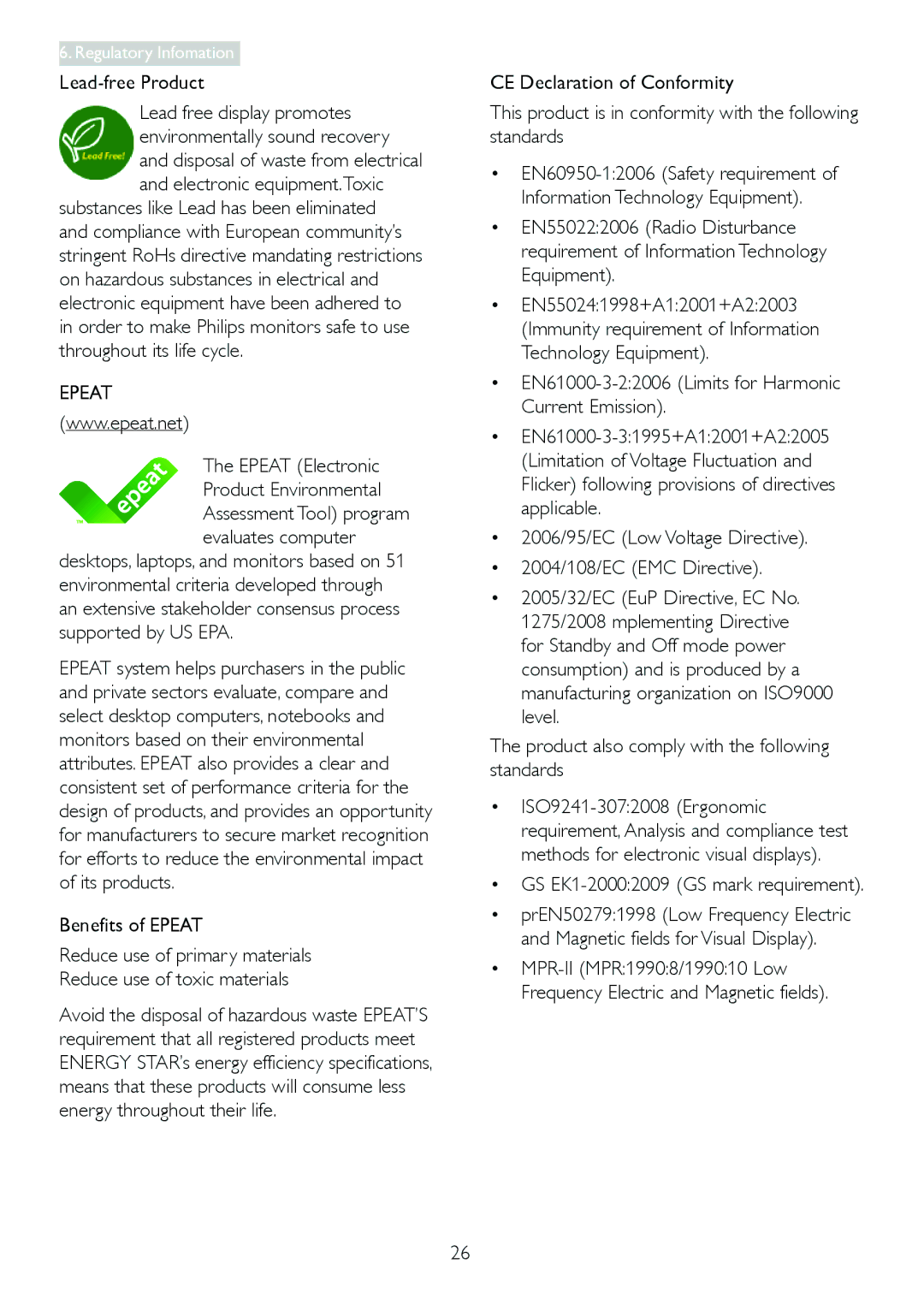 Philips 249C4Q user manual Lead-free Product, Epeat Electronic Product Environmental, GS EK1-20002009 GS mark requirement 