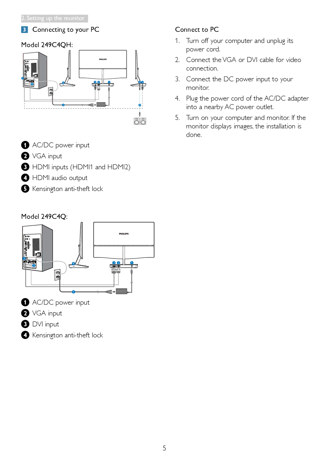 Philips 249C4Q user manual Setting up the monitor 