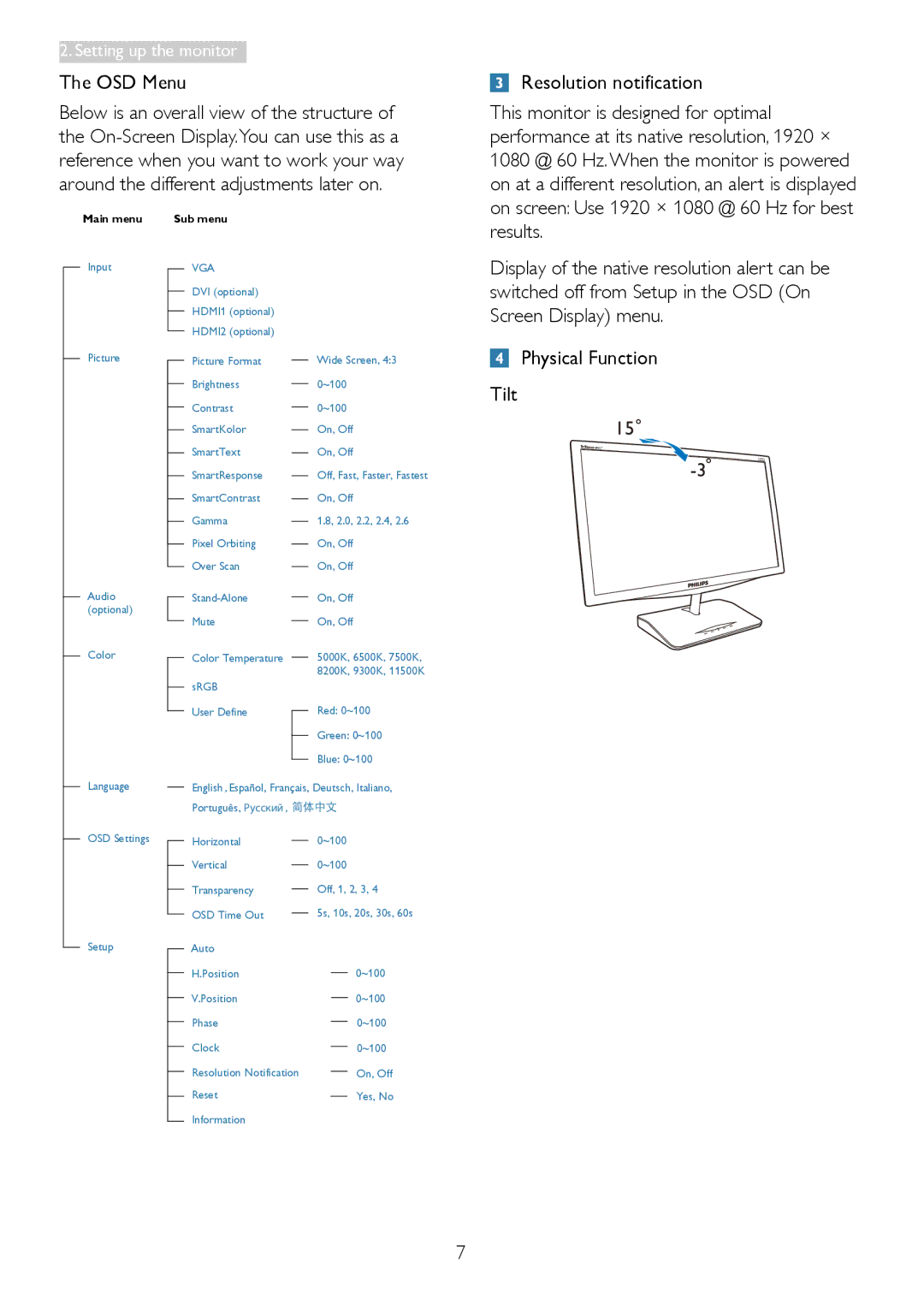 Philips 249C4Q user manual OSD Menu, Vga 