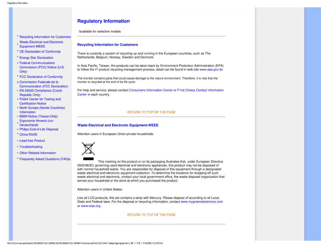 Philips 24IEI user manual Recycling Information for Customers, Waste Electrical and Electronic Equipment-WEEE 