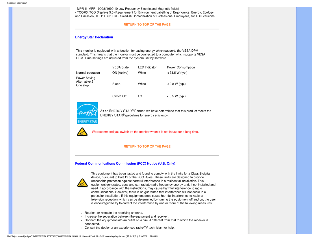 Philips 24IEI user manual Energy Star Declaration, Federal Communications Commission FCC Notice U.S. Only 