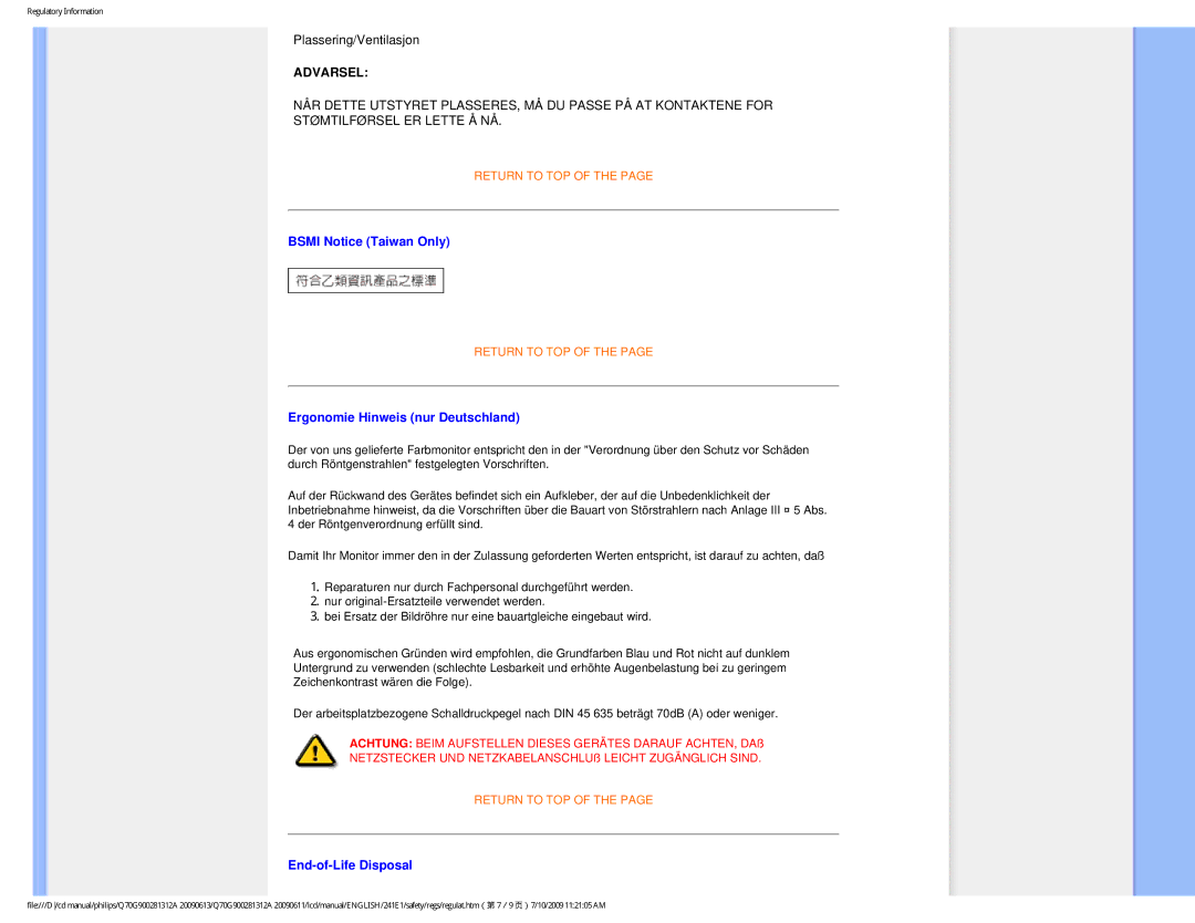 Philips 24IEI user manual Bsmi Notice Taiwan Only, Ergonomie Hinweis nur Deutschland, End-of-Life Disposal 