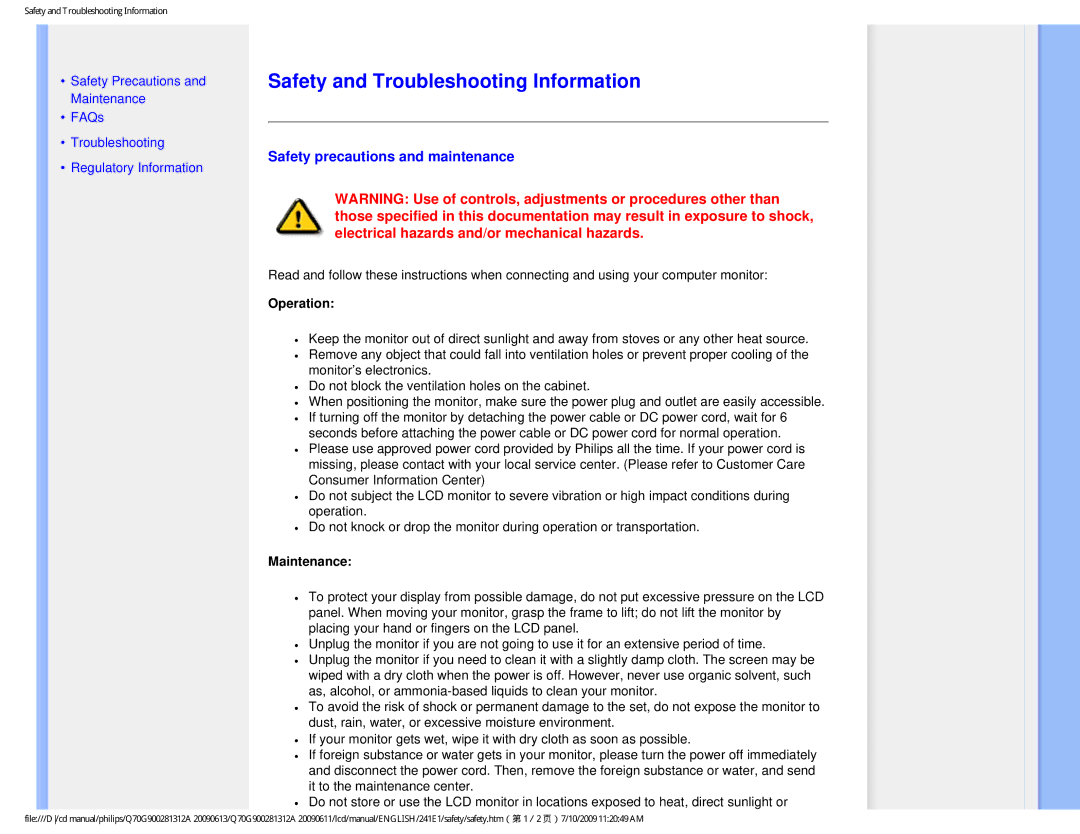 Philips 24IEI user manual Safety and Troubleshooting Information, Safety precautions and maintenance 