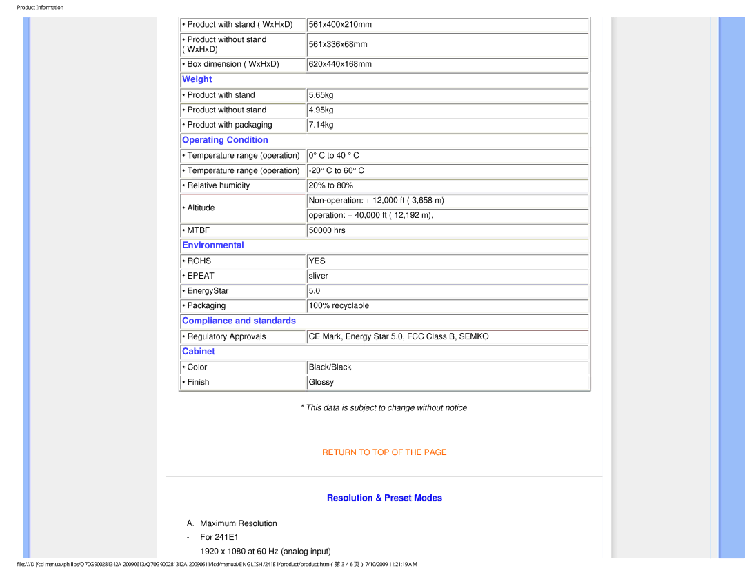 Philips 24IEI user manual Cabinet, Resolution & Preset Modes 