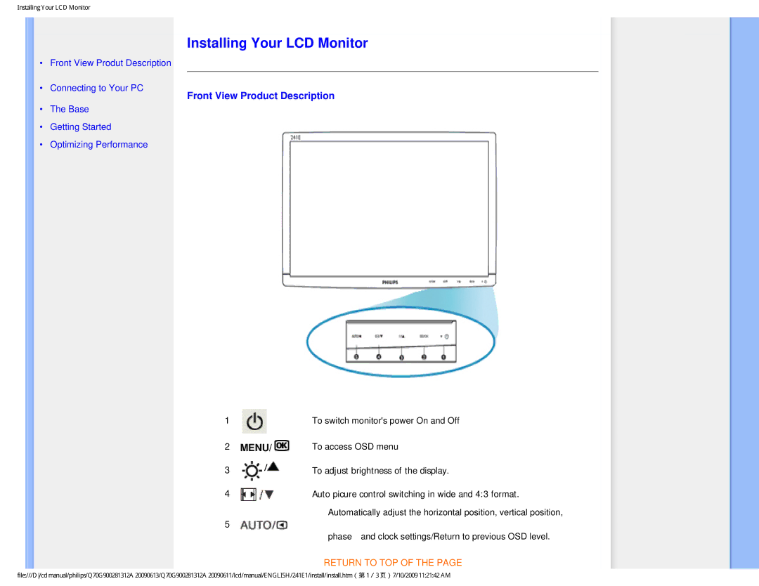 Philips 24IEI user manual Installing Your LCD Monitor, Front View Product Description 