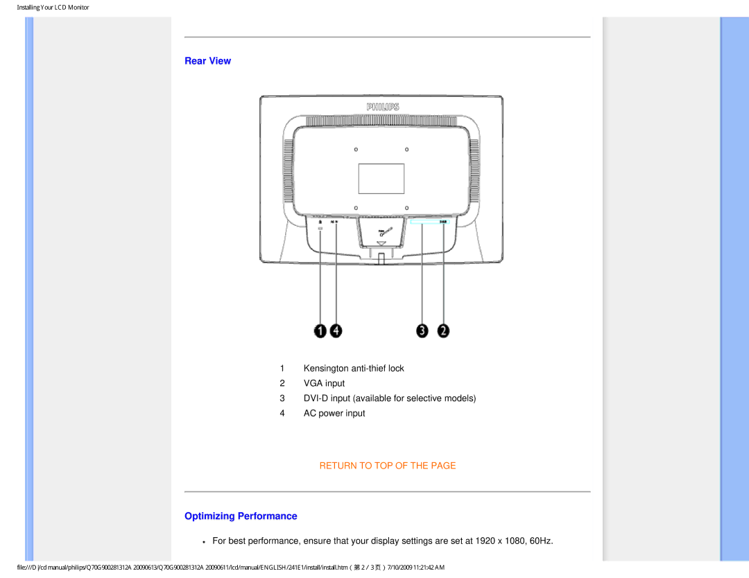 Philips 24IEI user manual Rear View, Optimizing Performance 