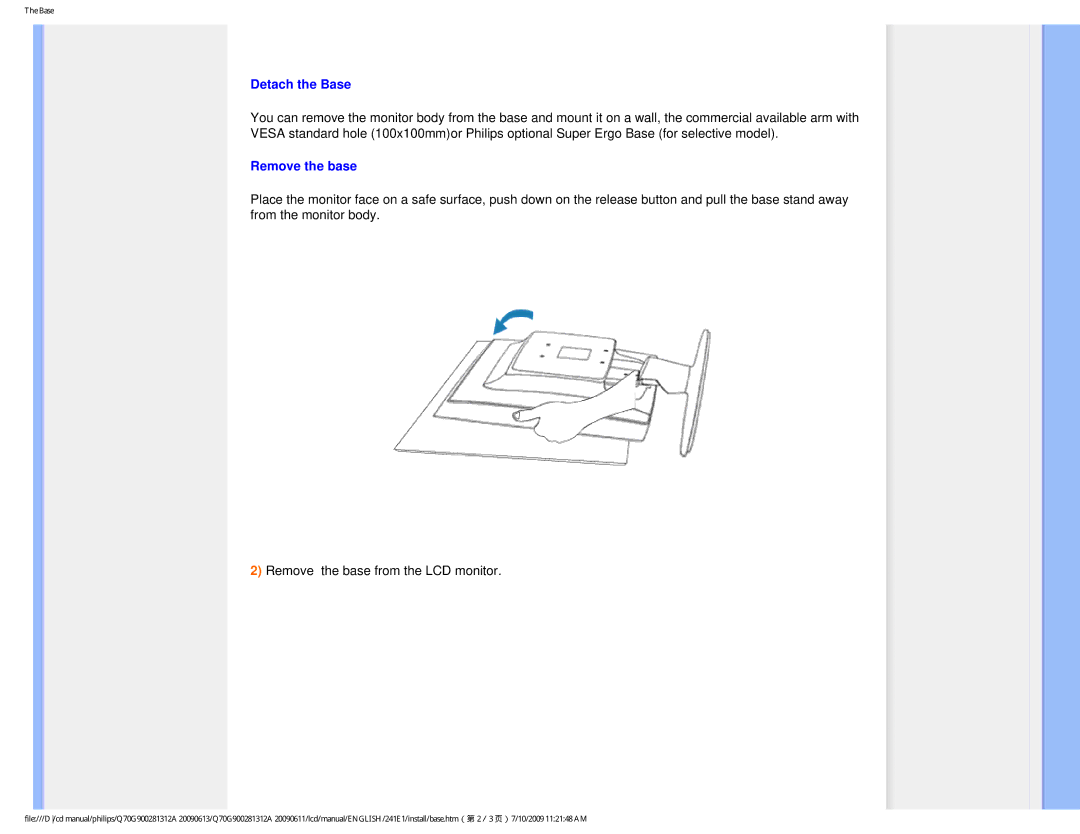 Philips 24IEI user manual Detach the Base, Remove the base 