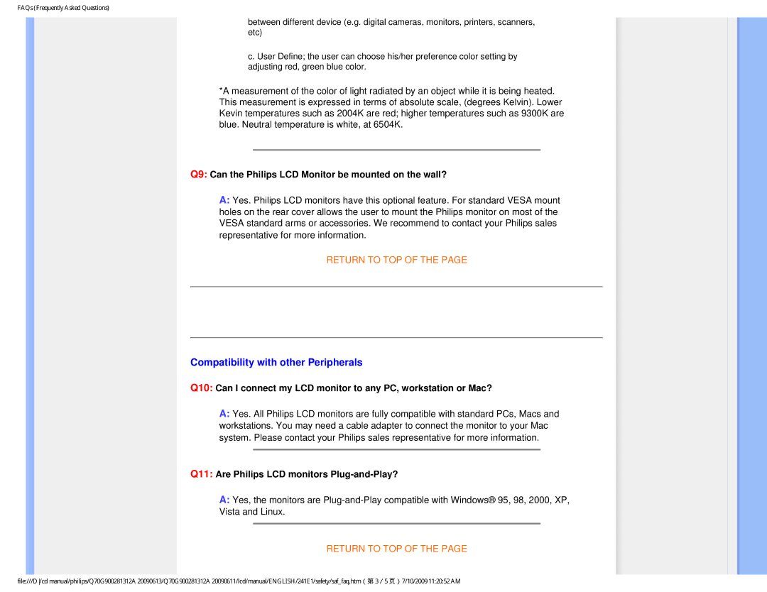 Philips 24IEI user manual Compatibility with other Peripherals, Q9 Can the Philips LCD Monitor be mounted on the wall? 