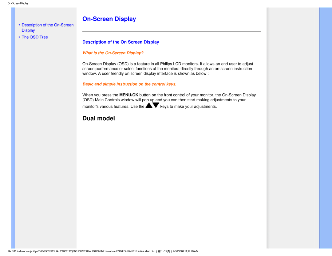 Philips 24IEI user manual On-Screen Display, Description of the On Screen Display 