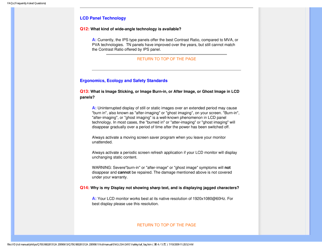 Philips 24IEI user manual LCD Panel Technology, Ergonomics, Ecology and Safety Standards 