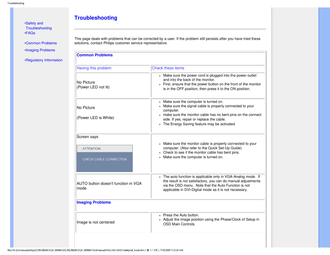 Philips 24IEI user manual Common Problems, Imaging Problems 