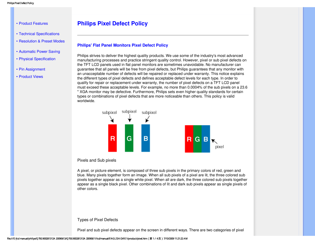 Philips 24IEI user manual Philips Pixel Defect Policy, Philips Flat Panel Monitors Pixel Defect Policy, Product Views 