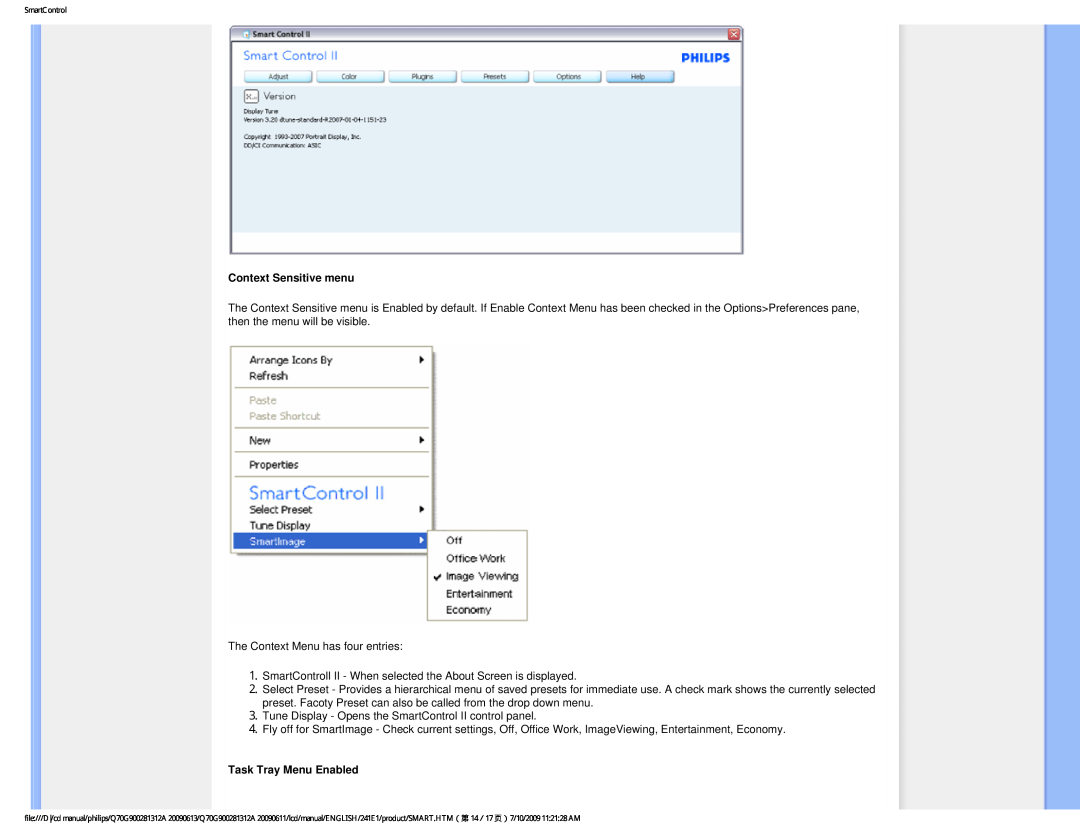 Philips 24IEI user manual Context Sensitive menu, Task Tray Menu Enabled 