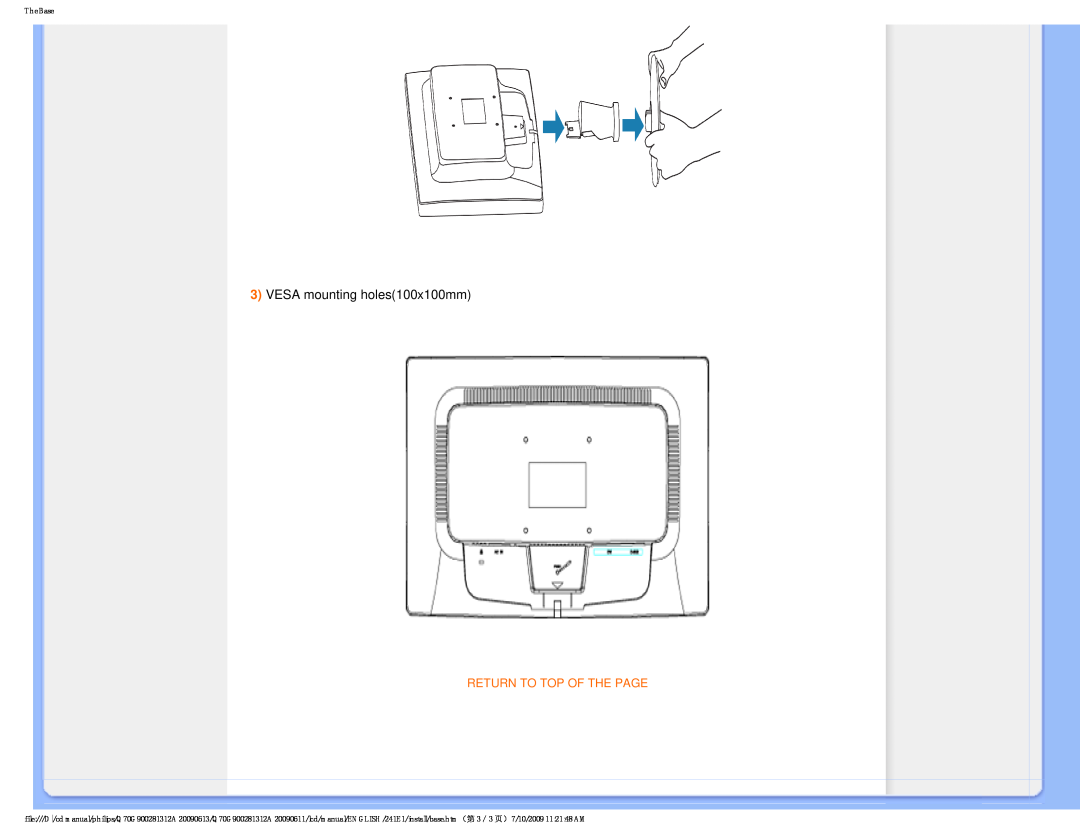 Philips 24IEI user manual VESA mounting holes100x100mm, Return To Top Of The Page, The Base 