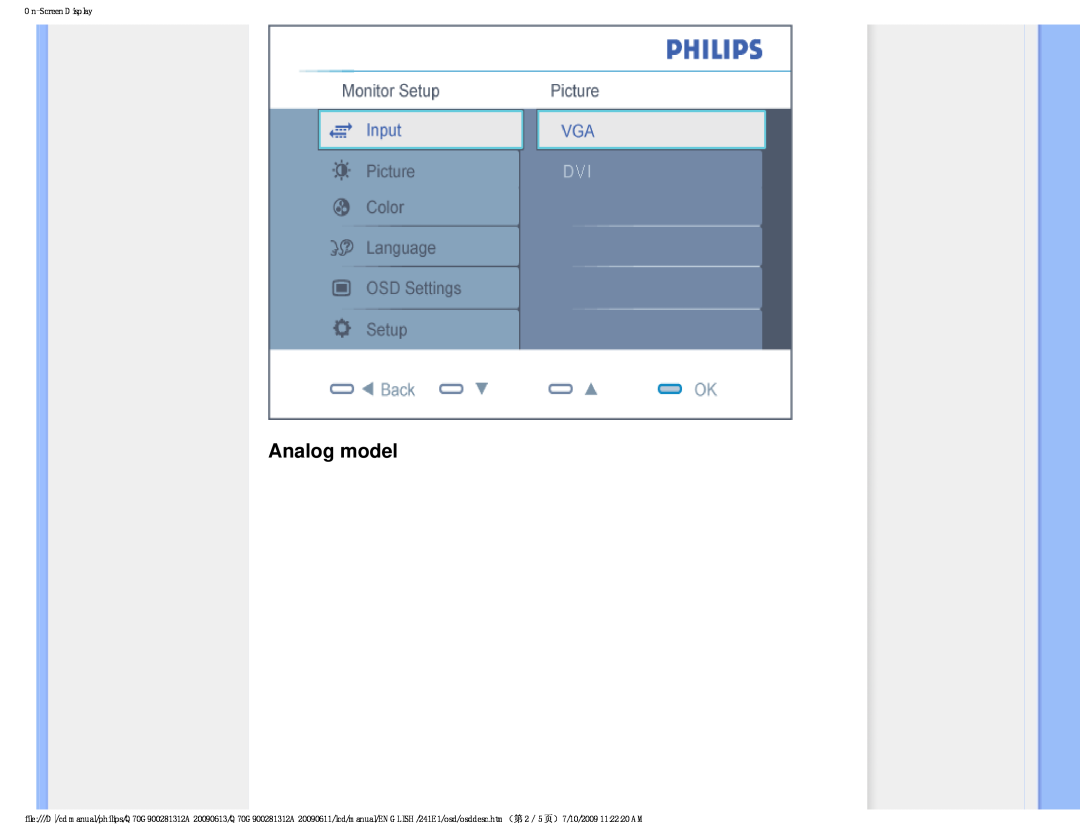 Philips 24IEI user manual Analog model, On-Screen Display 