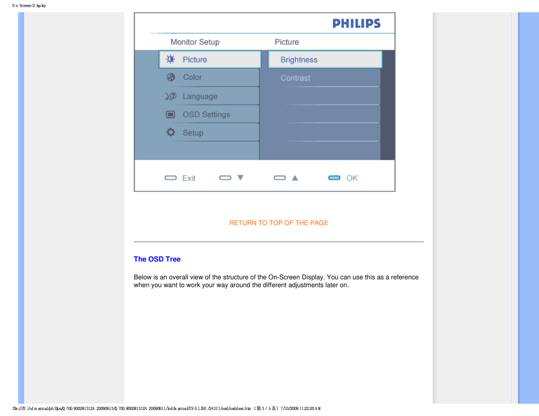Philips 24IEI user manual The OSD Tree, Return To Top Of The Page, On-Screen Display 