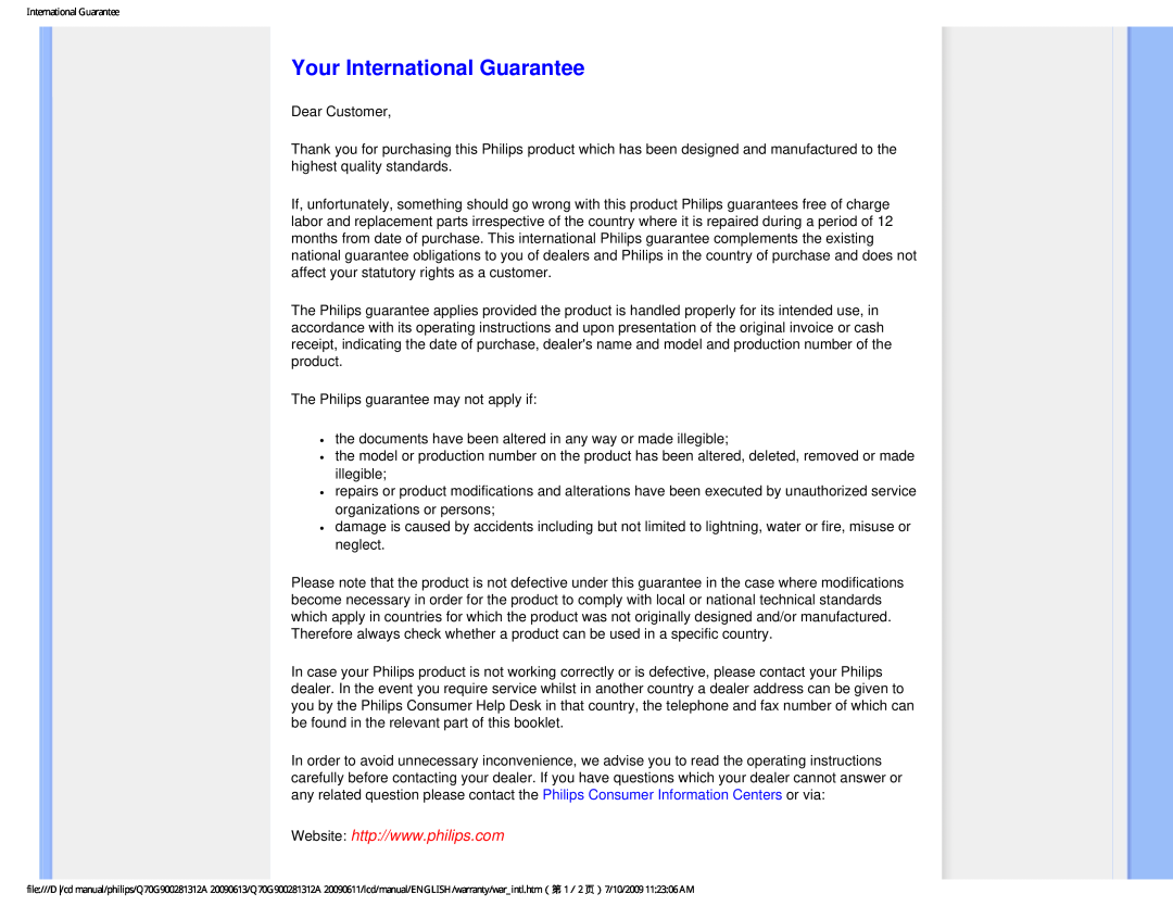 Philips 24IEI user manual Your International Guarantee 