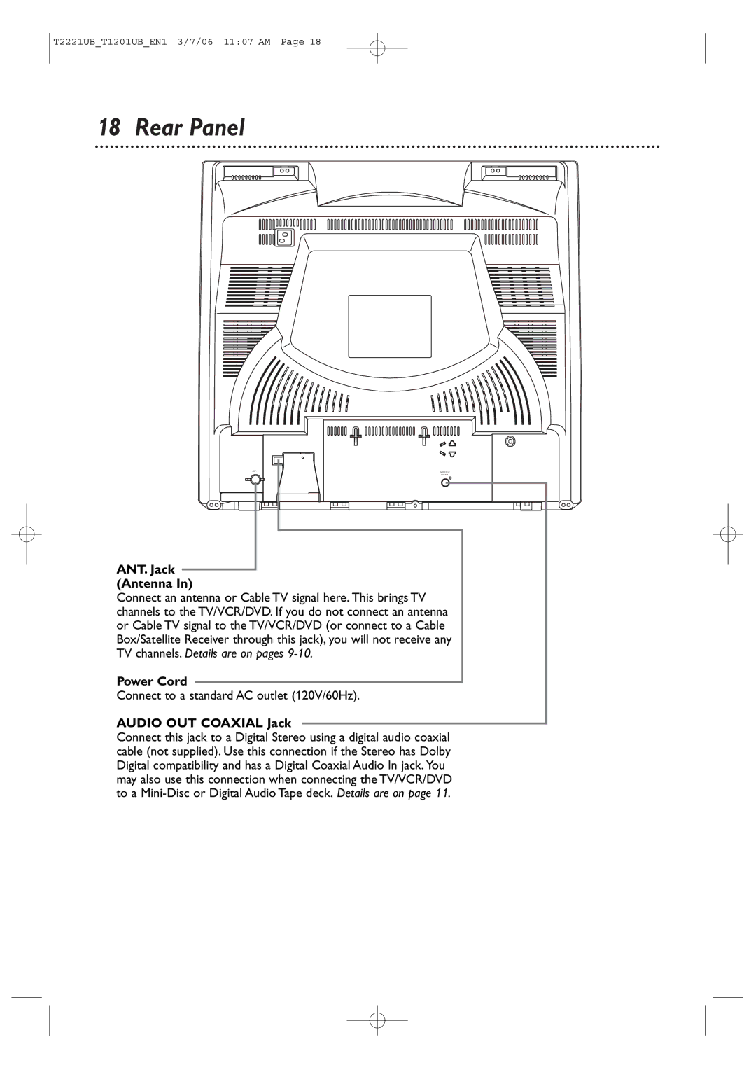 Philips 24MC4306, 20MC4306 quick start Rear Panel, ANT. Jack Antenna, Power Cord, Connect to a standard AC outlet 120V/60Hz 