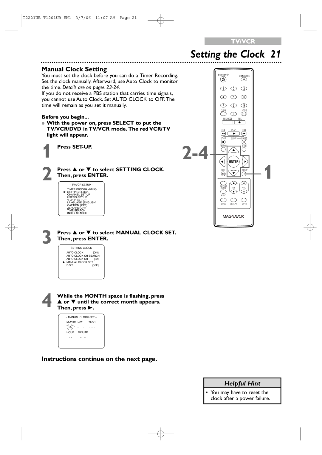 Philips 20MC4306, 24MC4306 quick start Manual Clock Setting 