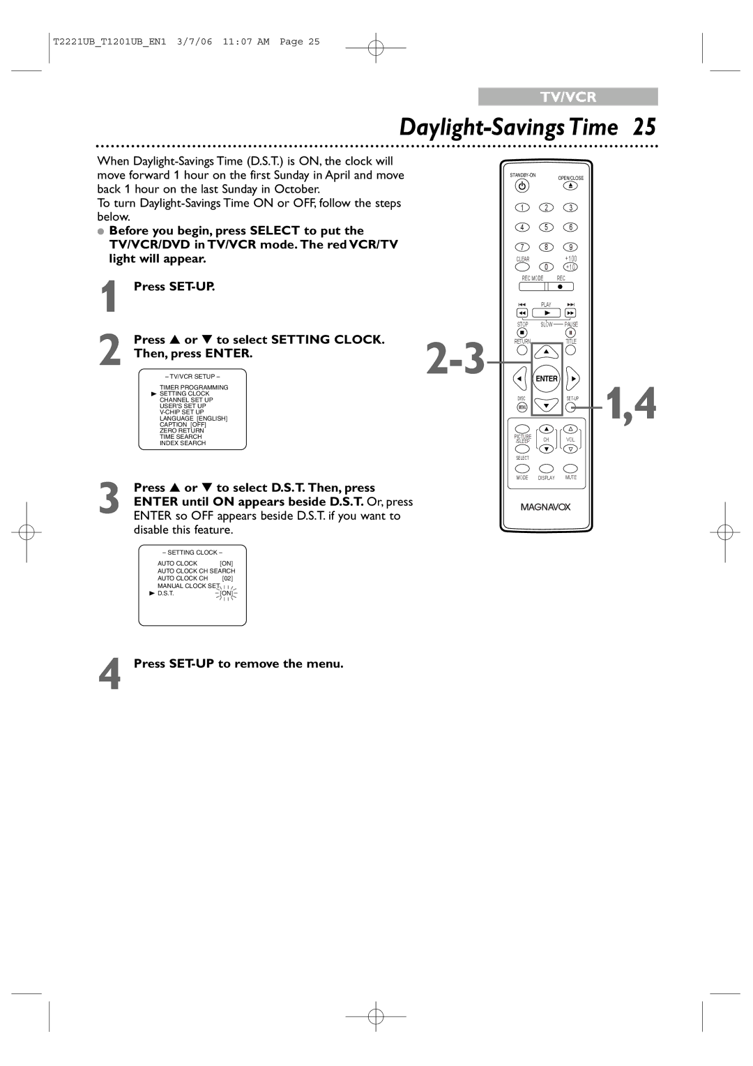 Philips 20MC4306, 24MC4306 quick start Daylight-Savings Time, Press or to select D.S.T. Then, press, Disable this feature 