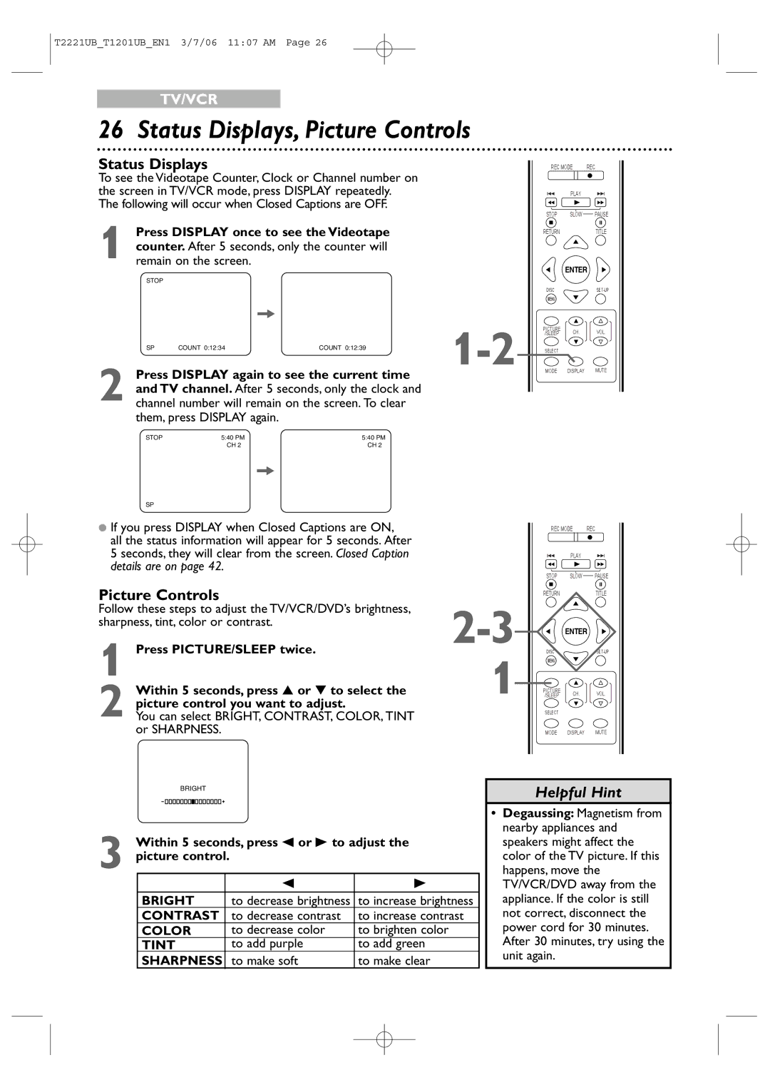 Philips 24MC4306, 20MC4306 Status Displays, Picture Controls, Within 5 seconds, press s or B to adjust, Picture control 