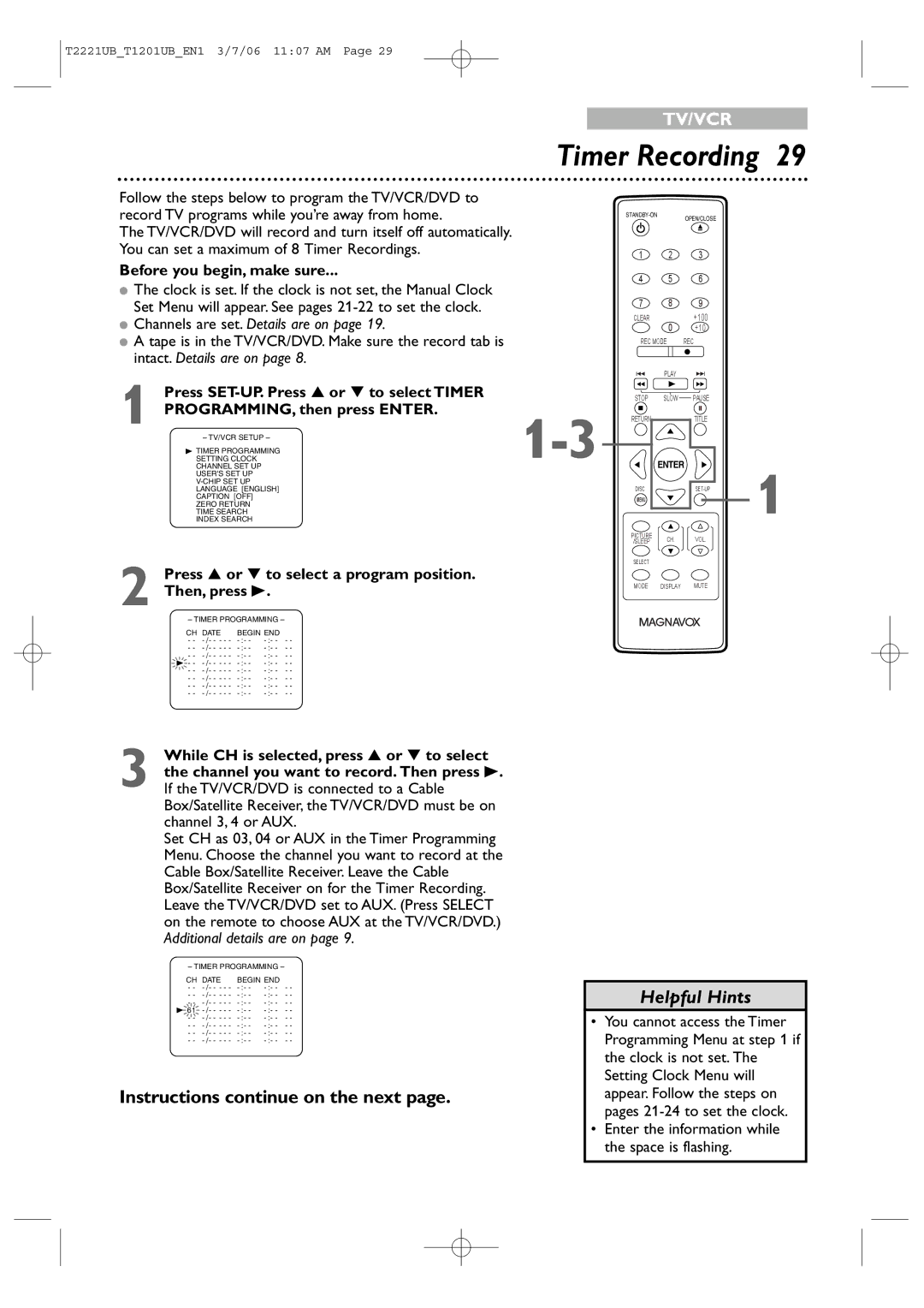 Philips 20MC4306, 24MC4306 quick start Timer Recording, Before you begin, make sure, Press SET-UP. Press or to select Timer 