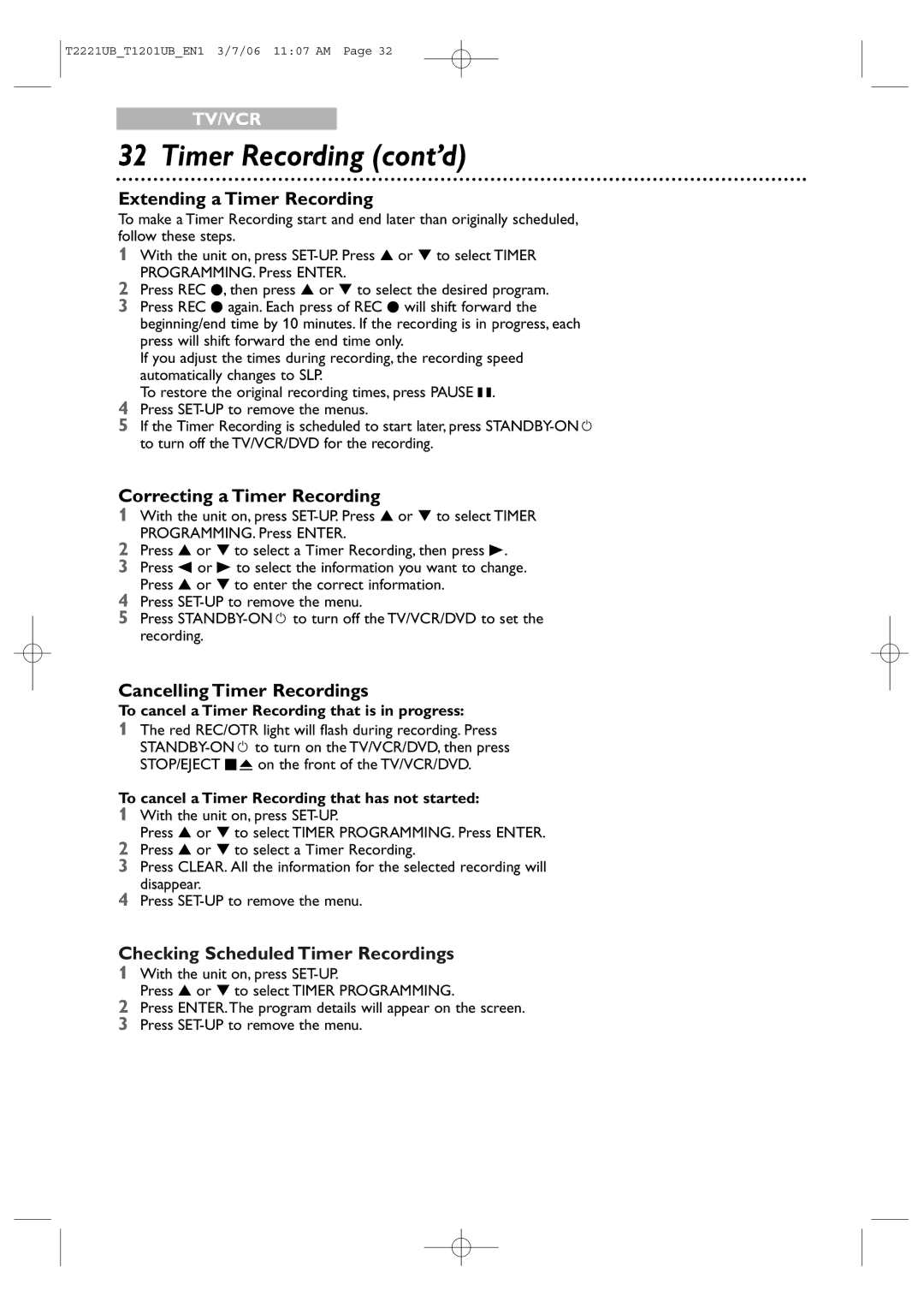 Philips 24MC4306, 20MC4306 Extending a Timer Recording, Correcting a Timer Recording, Cancelling Timer Recordings 