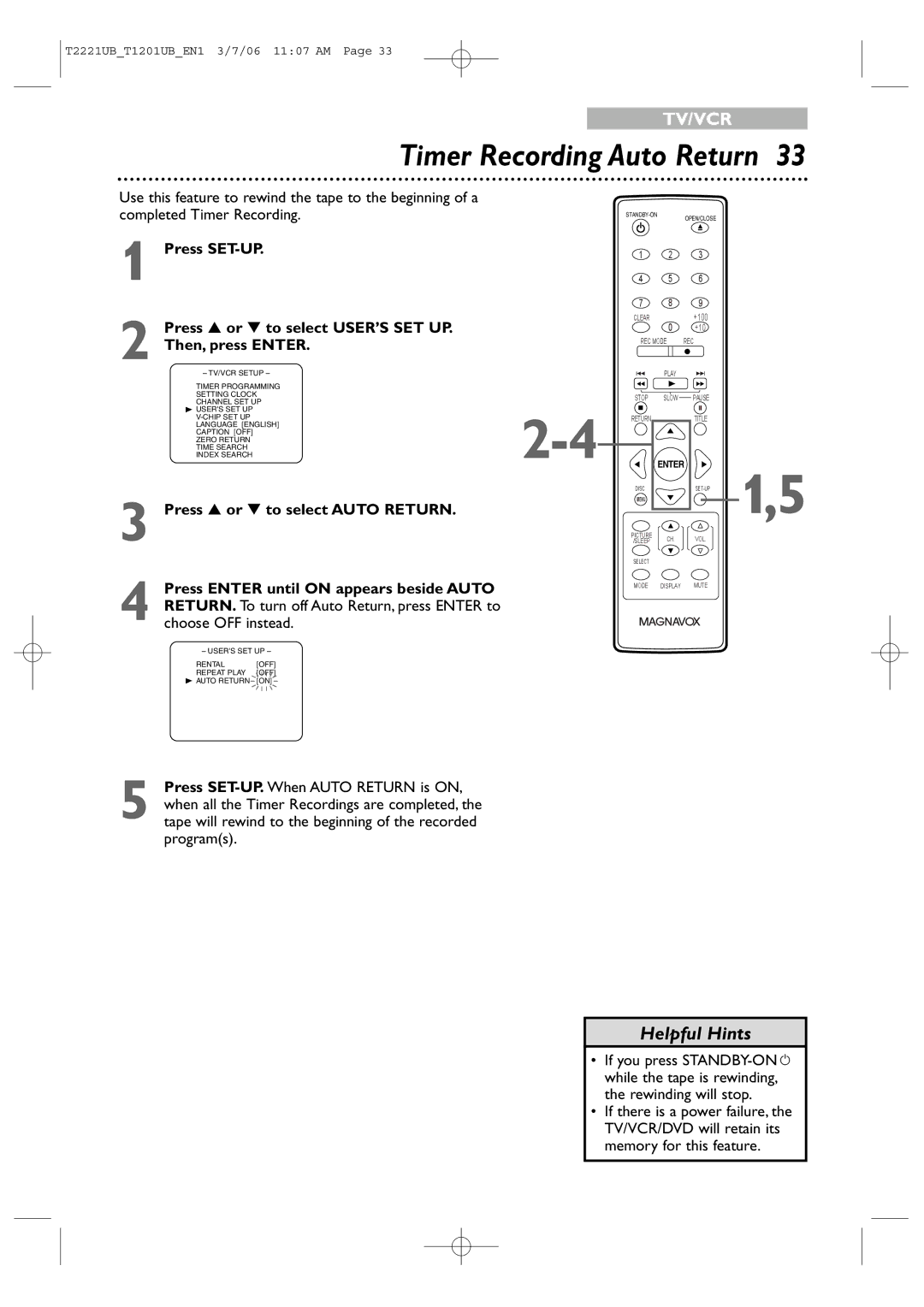 Philips 20MC4306, 24MC4306 quick start Timer Recording Auto Return, Press or to select USER’S SET UP 