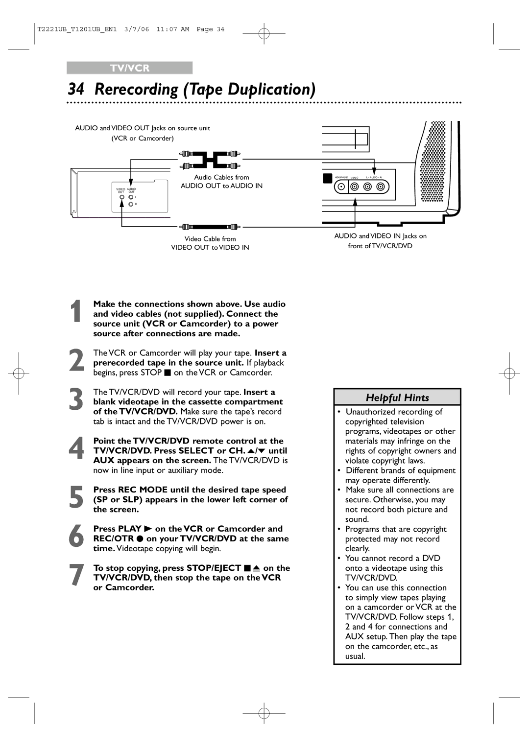 Philips 24MC4306, 20MC4306 quick start Rerecording Tape Duplication, Video OUT to Video 