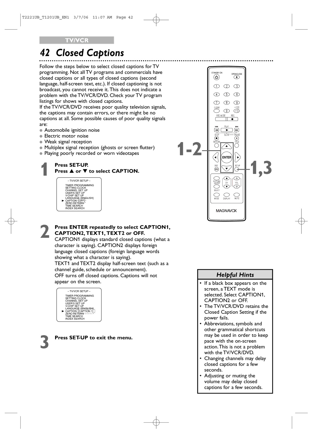 Philips 24MC4306, 20MC4306 quick start Closed Captions, Press SET-UP Press or to select Caption 