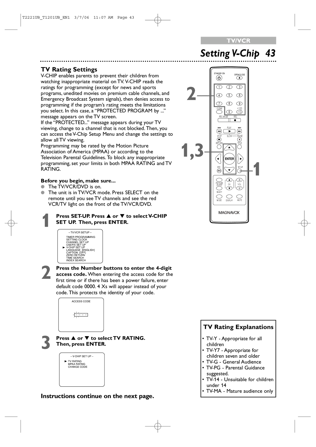 Philips 20MC4306, 24MC4306 Setting V-Chip, TV Rating Settings, Instructions continue on the next TV Rating Explanations 