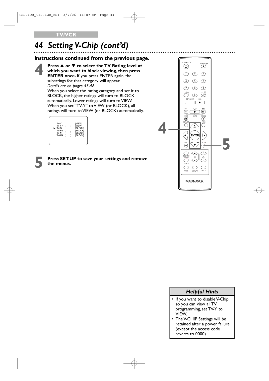 Philips 24MC4306, 20MC4306 quick start Setting V-Chip cont’d, Press or to select the TV Rating level at, Menus 