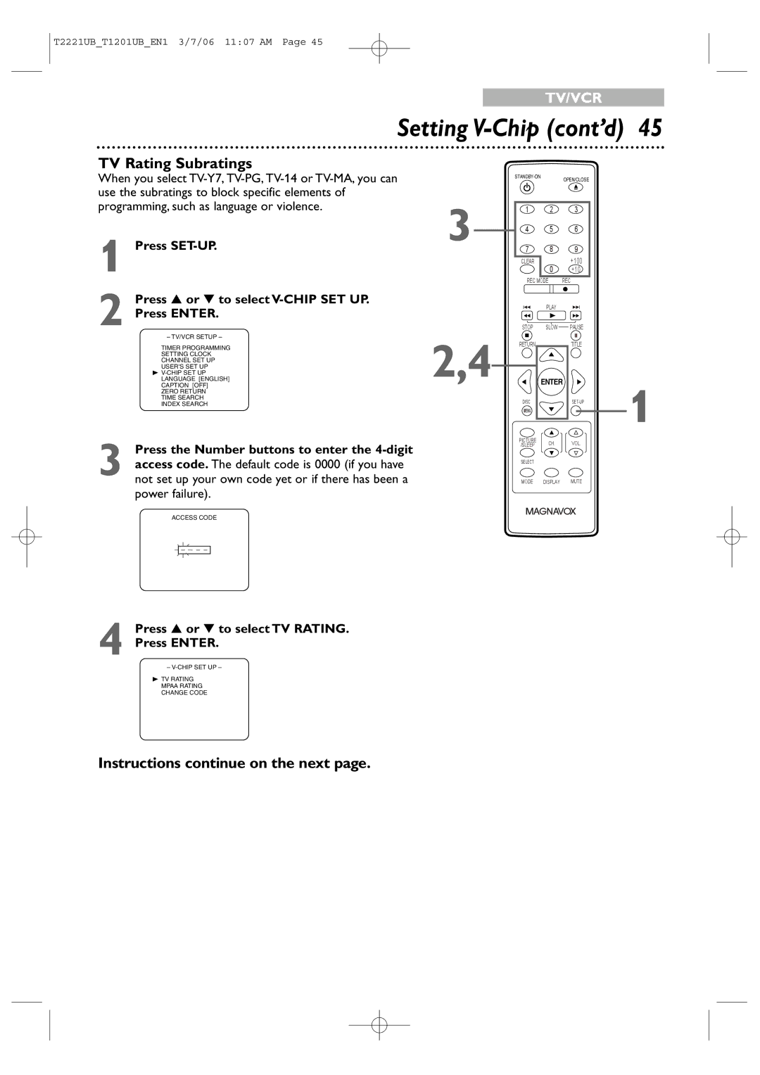 Philips 20MC4306, 24MC4306 quick start TV Rating Subratings, Press SET-UP Press or to select V-CHIP SET UP Press Enter 